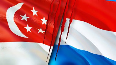 Yara izi olan Singapur ve Lüksemburg bayrakları. Dalgalanan bayrak, 3 boyutlu görüntüleme. Singapur ve Lüksemburg çatışma konsepti. Singapur Lüksemburg ilişkileri kavramı. Singapur ve Lüksemburg bayrağı