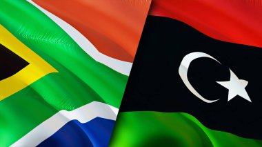 Güney Afrika ve Libya bayrakları. 3 boyutlu dalgalanan bayrak tasarımı. Güney Afrika Libya bayrağı, resim, duvar kağıdı. Güney Afrika, Libya imajına karşı, 3D görüntüleme. Güney Afrika Libya ilişkileri ittifakı
