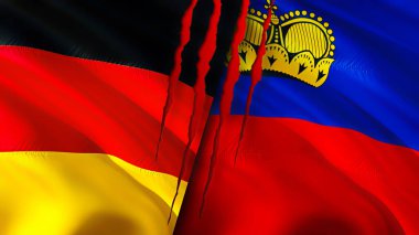 Almanya ve Liechtenstein bayrakları yara izi konseptiyle. Dalgalanan bayrak, 3 boyutlu görüntüleme. Almanya ve Lihtenştayn çatışma konsepti. Almanya Liechtenstein ilişkileri kavramı. Almanya ve Lihtenştayn bayrağı