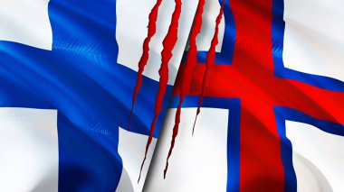 Finlandiya ve Faroe Adaları yara izi olan bayraklar. Dalgalanan bayrak, 3 boyutlu görüntüleme. Finlandiya ve Faroe Adaları çatışma konsepti. Finlandiya Faroe Adaları ilişkileri kavramı. Finlandiya ve Faroe Adaları bayrağı