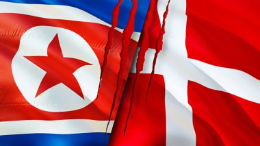 Kuzey Kore ve Danimarka bayraklarında yara izi var. Dalgalanan bayrak, 3 boyutlu görüntüleme. Kuzey Kore ve Danimarka çatışma konsepti. Kuzey Kore Danimarka ilişkileri kavramı. Kuzey Kore ve Denmar bayrağı