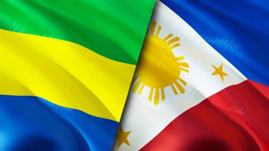 Gabon ve Filipinler bayrakları. 3 boyutlu dalgalanan bayrak tasarımı. Gabon Filipinler bayrağı, resim, duvar kağıdı. Gabon Filipinler 'e karşı, görüntü 3 boyutlu. Gabon Filipinler ilişkileri ittifak ve ticaret, seyahat, turnuva