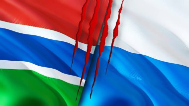 Gambiya ve San Marino bayraklarında yara izi var. Dalgalanan bayrak, 3 boyutlu görüntüleme. Gambia ve San Marino çatışma konsepti. Gambia San Marino ilişkileri kavramı. Gambiya bayrağı ve San Marino krizi, savaş, attac