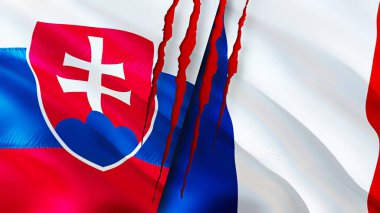 Slovakya ve Fransa yara izi kavramına sahip bayraklar. Dalgalanan bayrak, 3 boyutlu görüntüleme. Slovakya ve Fransa çatışma konsepti. Slovakya Fransa ilişkileri kavramı. Slovakya ve Fransa bayrağı kriz, savaş, saldırı konsepti