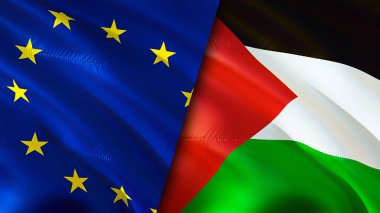 Avrupa Birliği ve Filistin bayrakları. 3 boyutlu dalgalanan bayrak tasarımı. Avrupa Birliği Filistin bayrağı, resim, duvar kağıdı. Avrupa Birliği, Filistin 'e karşı, görüntü 3D. Avrupa Birliği Filistin İlişkisi