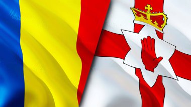 Romanya ve Kuzey İrlanda bayrakları. 3 boyutlu dalgalanan bayrak tasarımı. Romanya Kuzey İrlanda bayrağı, resim, duvar kağıdı. Romanya, Kuzey İrlanda 'ya karşı, görüntü 3D. Romanya Kuzey İrlanda ilişkileri