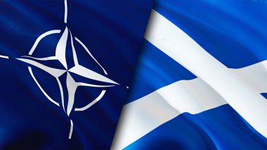 NATO ve İskoçya bayrakları. 3 boyutlu dalgalanan bayrak tasarımı. İskoçya NATO bayrağı, resim, duvar kağıdı. NATO, İskoçya 'ya karşı imaj, 3D görüntüleme. NATO İskoçya ilişkileri ittifak ve Ticaret, seyahat, turizm konsepti