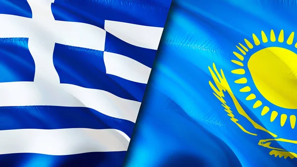 Greece and Kazakhstan flags. 3D Waving flag design. Greece Kazakhstan flag, picture, wallpaper. Greece vs Kazakhstan image,3D rendering. Greece Kazakhstan relations alliance and Trade,travel,touris