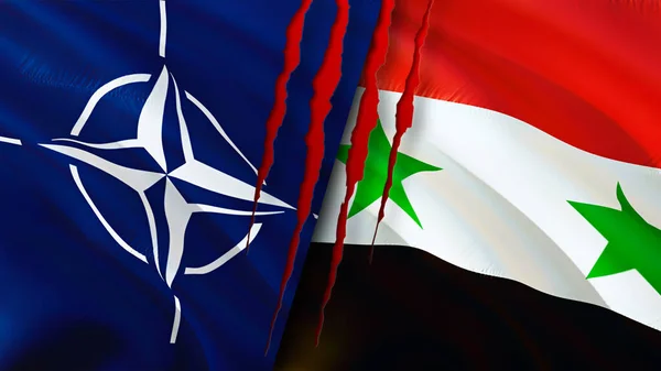NATO and Syria flags with scar concept. Waving flag,3D rendering. Syria and NATO conflict concept. NATO Syria relations concept. flag of NATO and Syria crisis,war, attack concep