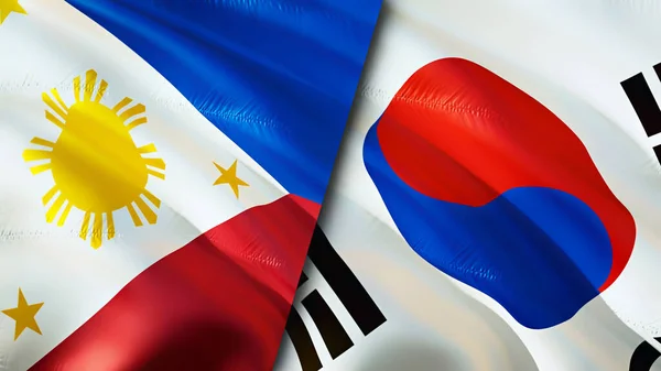 Philippines and South Korea flags. 3D Waving flag design. Philippines South Korea flag, picture, wallpaper. Philippines vs South Korea image,3D rendering. Philippines South Korea relations allianc