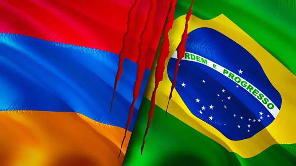 Bandeiras Armênia Brasil Com Conceito Cicatriz Bandeira Ondulada Renderização Conceito — Fotografia de Stock