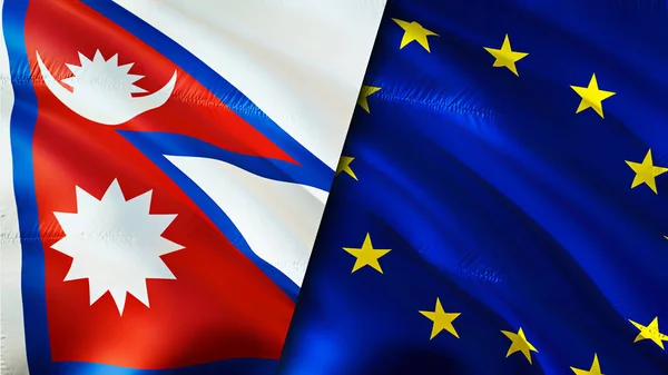 Nepal and European Union flags. 3D Waving flag design. Nepal European Union flag, picture, wallpaper. Nepal vs European Union image,3D rendering. Nepal European Union relations alliance an