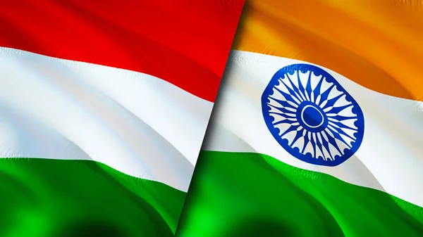 Hungary and India flags. 3D Waving flag design. Hungary India flag, picture, wallpaper. Hungary vs India image,3D rendering. Hungary India relations alliance and Trade,travel,tourism concep