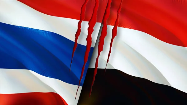 Thailand Jemen Vlaggen Met Litteken Concept Wuivende Vlag Weergave Thailand — Stockfoto