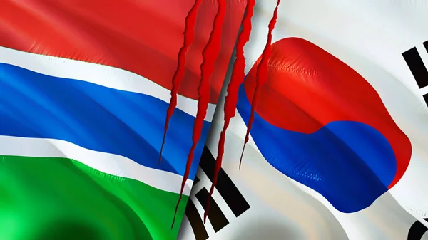 Gambia and South Korea flags with scar concept. Waving flag,3D rendering. Gambia and South Korea conflict concept. Gambia South Korea relations concept. flag of Gambia and South Korea crisis,war