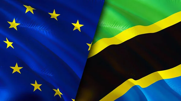 European Union and Tanzania flags. 3D Waving flag design. European Union Tanzania flag, picture, wallpaper. European Union vs Tanzania image,3D rendering. European Union Tanzania relations allianc