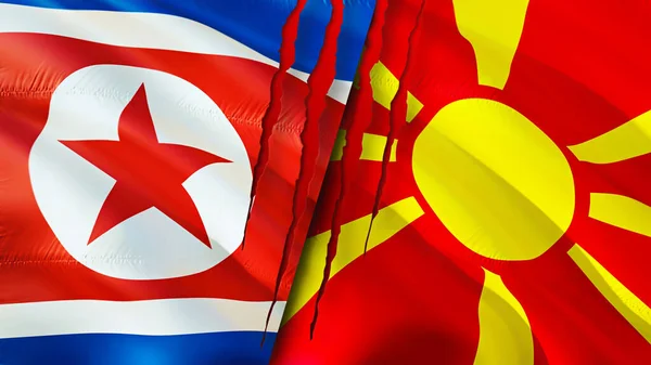North Korea and North Macedonia flags with scar concept. Waving flag,3D rendering. North Korea and North Macedonia conflict concept. North Korea North Macedonia relations concept. flag of Nort