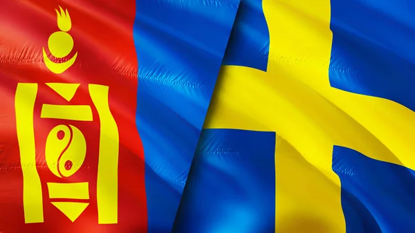 Mongolia and Sweden flags. 3D Waving flag design. Mongolia Sweden flag, picture, wallpaper. Mongolia vs Sweden image,3D rendering. Mongolia Sweden relations alliance and Trade,travel,tourism concep