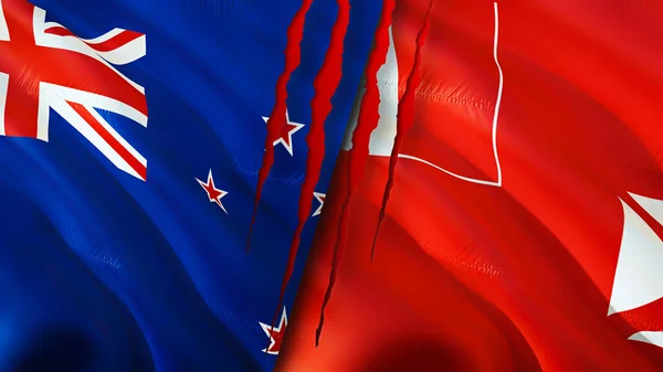 新西兰 瓦利斯和富图纳国旗都有疤痕概念 波浪旗3D渲染 新西兰 瓦利斯和富图纳冲突概念 新西兰瓦利斯人和富图纳人关系概念 Ne旗 — 图库照片