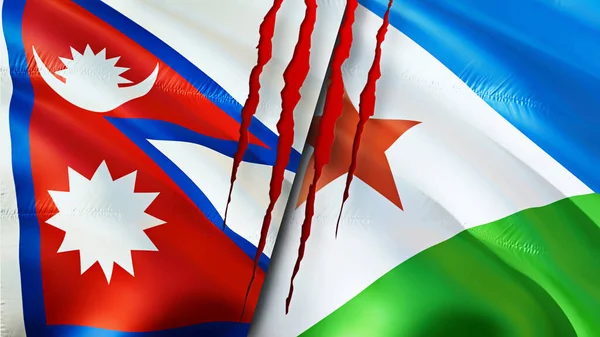 Bandeiras Nepal Djibuti Com Conceito Cicatriz Bandeira Ondulada Renderização Nepal — Fotografia de Stock