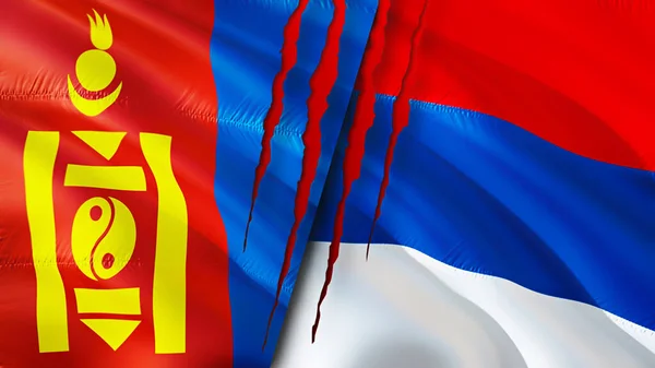 Mongolia Serbia Flags Scar Concept Waving Flag Rendering Mongolia Serbia — Stock Photo, Image