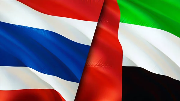 Thailand and United Arab Emirates flags. 3D Waving flag design. Thailand United Arab Emirates flag, picture, wallpaper. Thailand vs United Arab Emirates image,3D rendering. Thailand United Ara