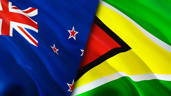 New Zealand and Guyana flags. 3D Waving flag design. New Zealand Guyana flag, picture, wallpaper. New Zealand vs Guyana image,3D rendering. New Zealand Guyana relations war alliance concept.Trade