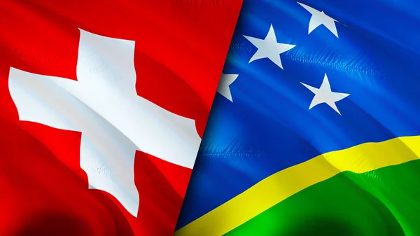 Switzerland and Solomon Islands flags. 3D Waving flag design. Switzerland Solomon Islands flag, picture, wallpaper. Switzerland vs Solomon Islands image,3D rendering. Switzerland Solomon Island