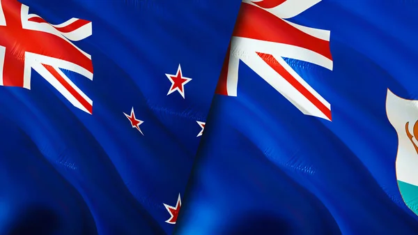 新西兰和安圭拉的国旗 3D波浪旗帜设计 新西兰国旗 新西兰对安圭拉的图像 3D渲染 新西兰与安圭拉的关系 — 图库照片