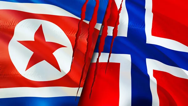North Korea and Norway flags with scar concept. Waving flag,3D rendering. North Korea and Norway conflict concept. North Korea Norway relations concept. flag of North Korea and Norway crisis,war