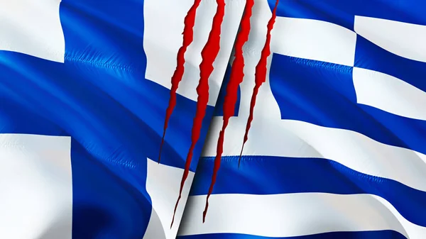 フィンランドとギリシャは傷の概念でフラグを立てます 旗を振って3Dレンダリング フィンランドとギリシャの紛争の概念 フィンランドギリシャ関係の概念 フィンランドとギリシャの危機戦争攻撃コンプ — ストック写真