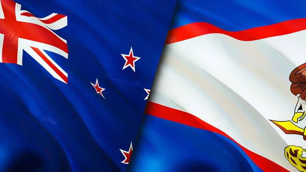 New Zealand and American Samoa flags. 3D Waving flag design. New Zealand American Samoa flag, picture, wallpaper. New Zealand vs American Samoa image,3D rendering. New Zealand American Samo