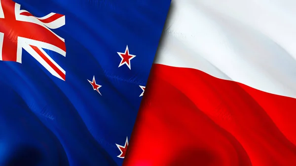 新西兰和波兰的国旗 3D波浪旗帜设计 新西兰波兰国旗 新西兰对波兰的图像 3D渲染 纽西兰波兰关系战争联盟的概念 — 图库照片