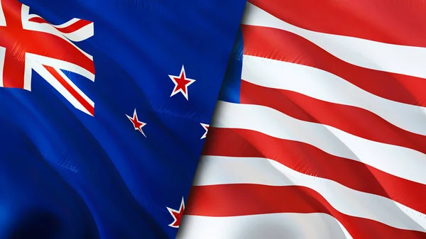 新西兰和利比里亚的国旗 3D波浪旗帜设计 新西兰国旗 新西兰对利比里亚的图像 3D渲染 新西兰与利比里亚的关系 — 图库照片