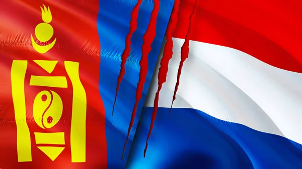 Mongolia and Netherlands flags with scar concept. Waving flag,3D rendering. Mongolia and Netherlands conflict concept. Mongolia Netherlands relations concept. flag of Mongolia and Netherland