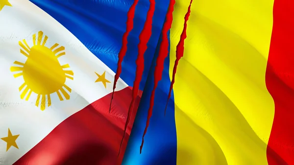 Filipina Dan Rumania Bendera Dengan Konsep Bekas Luka Mengayunkan Bendera — Stok Foto