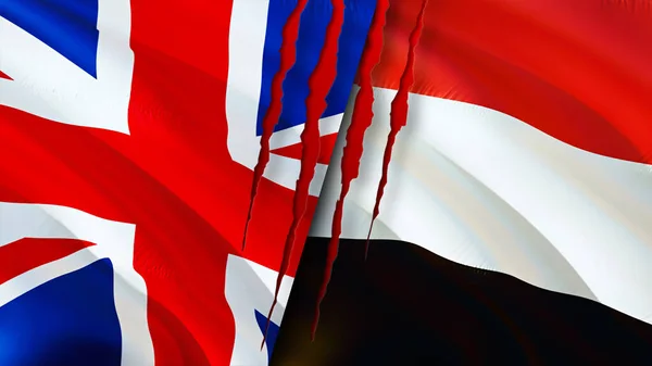 Birleşik Krallık Yemen Bayrakları Yara Izi Konseptiyle Dalgalanan Bayrak Boyutlu — Stok fotoğraf