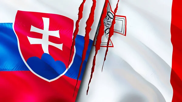 Flaggen Der Slowakei Und Maltas Mit Narbenkonzept Fahnenschwenken Rendering Konfliktkonzept — Stockfoto