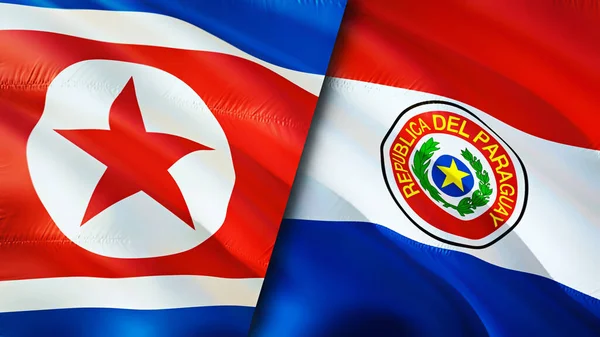 North Korea and Paraguay flags. 3D Waving flag design. North Korea Paraguay flag, picture, wallpaper. North Korea vs Paraguay image,3D rendering. North Korea Paraguay relations alliance an