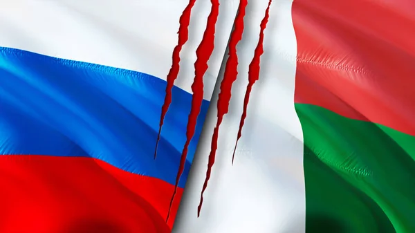 Banderas Rusia Madagascar Con Concepto Cicatriz Bandera Ondeante Representación Concepto — Foto de Stock