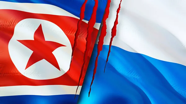 North Korea and San Marino flags with scar concept. Waving flag,3D rendering. North Korea and San Marino conflict concept. North Korea San Marino relations concept. flag of North Korea and Sa