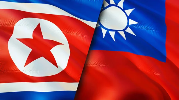 North Korea and Taiwan flags. 3D Waving flag design. North Korea Taiwan flag, picture, wallpaper. North Korea vs Taiwan image,3D rendering. North Korea Taiwan relations alliance an