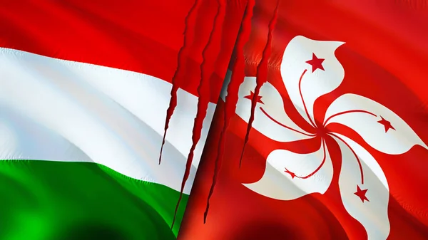 Hungary and Hong Kong flags with scar concept. Waving flag,3D rendering. Hungary and Hong Kong conflict concept. Hungary Hong Kong relations concept. flag of Hungary and Hong Kong crisis,war, attac