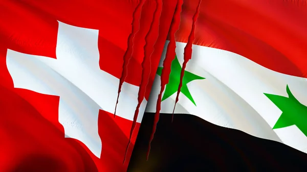 Switzerland and Syria flags with scar concept. Waving flag,3D rendering. Switzerland and Syria conflict concept. Switzerland Syria relations concept. flag of Switzerland and Syria crisis,war, attac