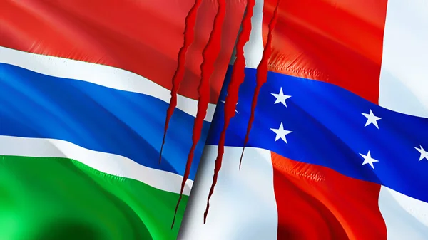 Gambia and Netherlands Antilles flags with scar concept. Waving flag,3D rendering. Gambia and Netherlands Antilles conflict concept. Gambia Netherlands Antilles relations concept. flag of Gambia an