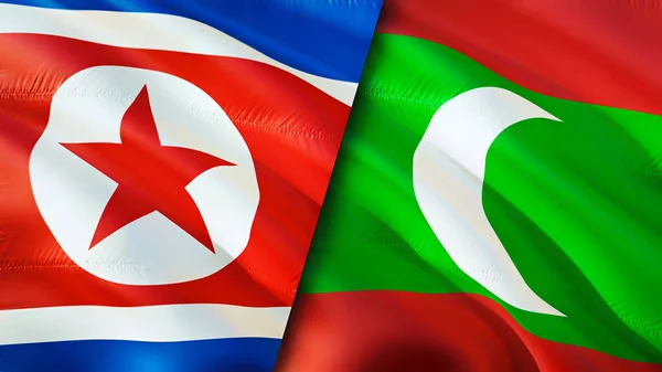 North Korea and Maldives flags. 3D Waving flag design. North Korea Maldives flag, picture, wallpaper. North Korea vs Maldives image,3D rendering. North Korea Maldives relations alliance an