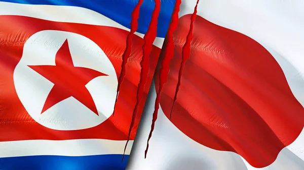 North Korea and Japan flags with scar concept. Waving flag,3D rendering. North Korea and Japan conflict concept. North Korea Japan relations concept. flag of North Korea and Japan crisis,war, attac