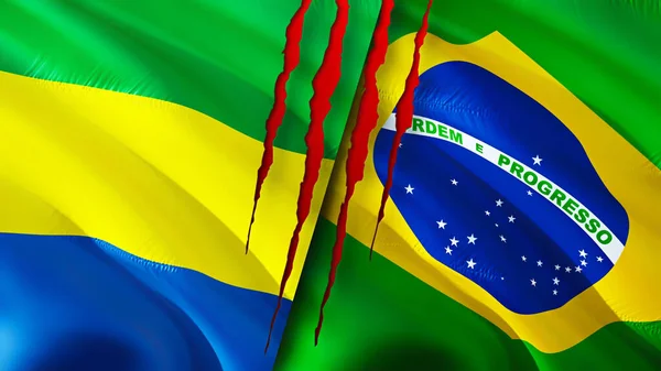 Gabon and Brazil flags with scar concept. Waving flag,3D rendering. Gabon and Brazil conflict concept. Gabon Brazil relations concept. flag of Gabon and Brazil crisis,war, attack concep