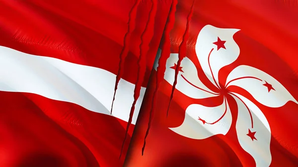 Latvia and Hong Kong flags with scar concept. Waving flag,3D rendering. Latvia and Hong Kong conflict concept. Latvia Hong Kong relations concept. flag of Latvia and Hong Kong crisis,war, attac