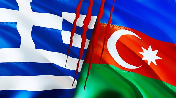 Greece and Azerbaijan flags with scar concept. Waving flag,3D rendering. Greece and Azerbaijan conflict concept. Greece Azerbaijan relations concept. flag of Greece and Azerbaijan crisis,war, attac